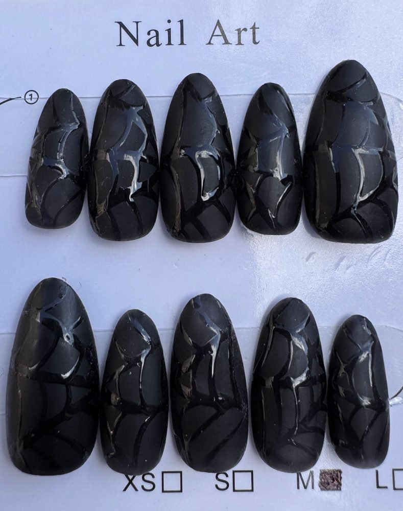 Spiderweb Noir press-on set — matte black with a glossy hand-painted spiderweb design